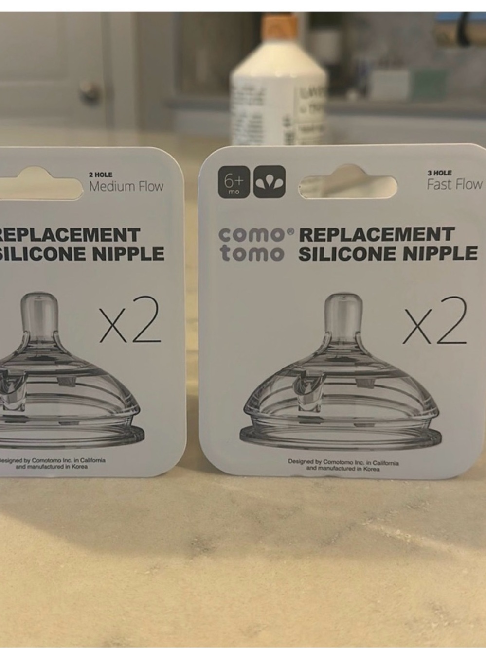 6 Comotomo Silicone Replacement Bottle Nipples - Level 2 / 3